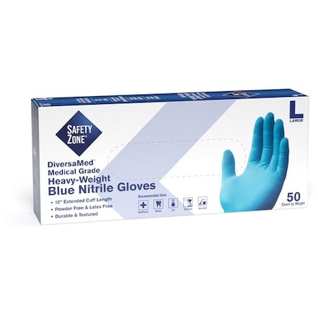 Safety Zone GNEP-T8, Disposable Gloves, 8.25 mil Palm, Nitrile, Powder-Free, L, 50 PK, Blue SZNGNEPLG5T8